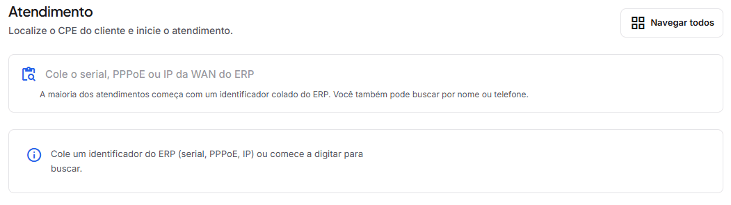 Tela de Atendimento para colar serial, PPPoE ou IP da WAN do ERP e localizar o CPE do cliente