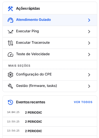 Acoes rapidas do CPE: Atendimento Guiado, Ping, Traceroute, Teste de Velocidade, Configuracao, Gestao e eventos recentes