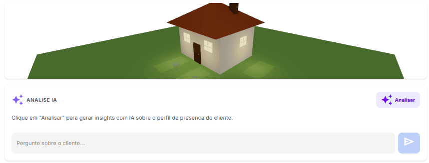 Casa em 3D e caixa de Analise IA para gerar insights sobre o perfil de presenca do cliente